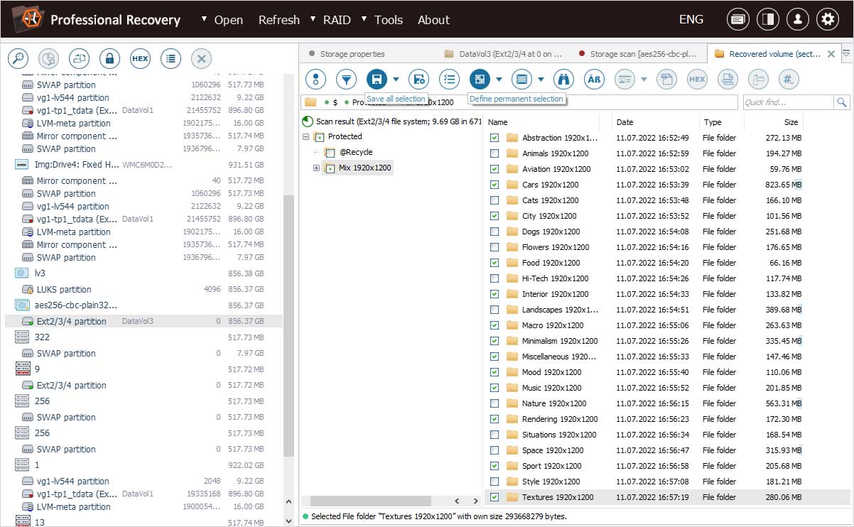 herramientas para seleccionar y guardar datos recuperados en explorador de archivos del programa ufs explorer