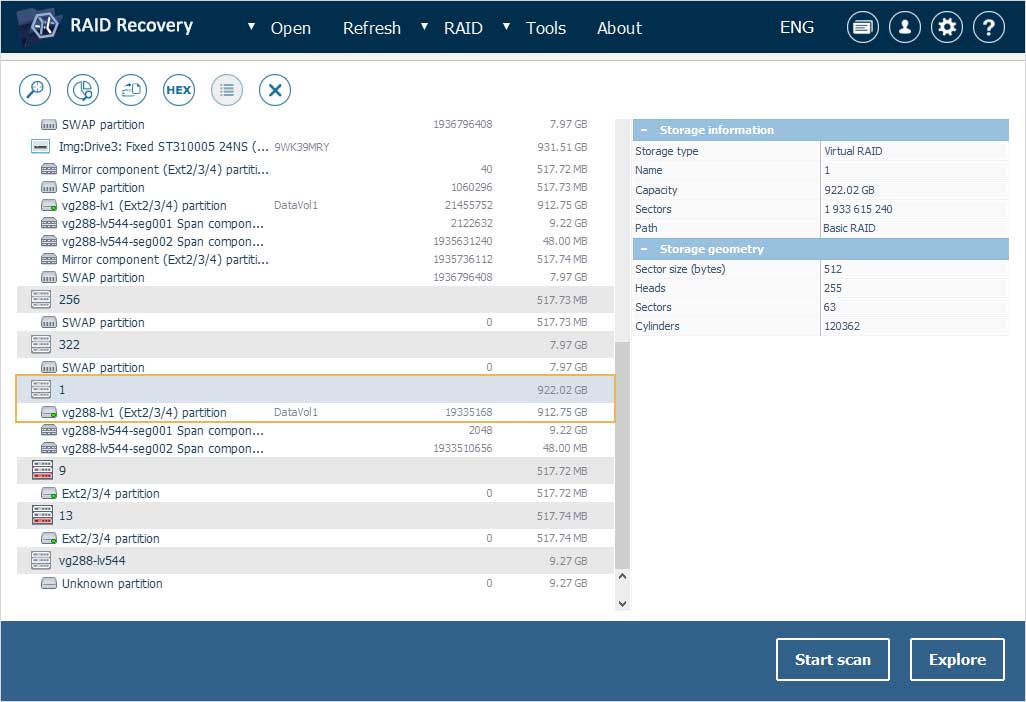 partición de datos de usuario de raid de qnap nas en lista de almacenamientos detectados en interfaz de ufs explorer