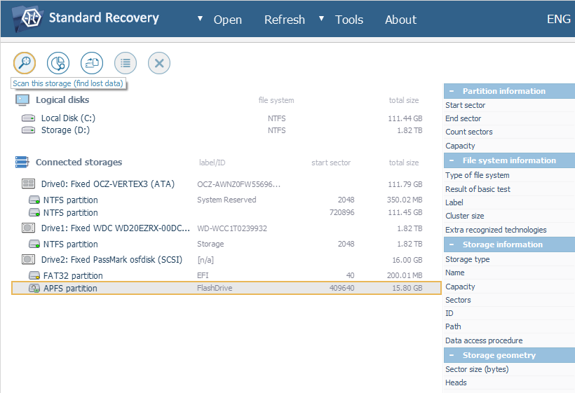 decrypted apfs partition in list of connected storages on left panel of ufs explorer program main window