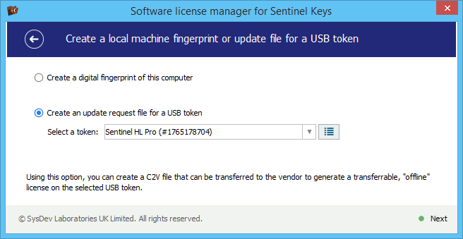License manager for Sentinel Digital Licenses: save a USB dongle identification data