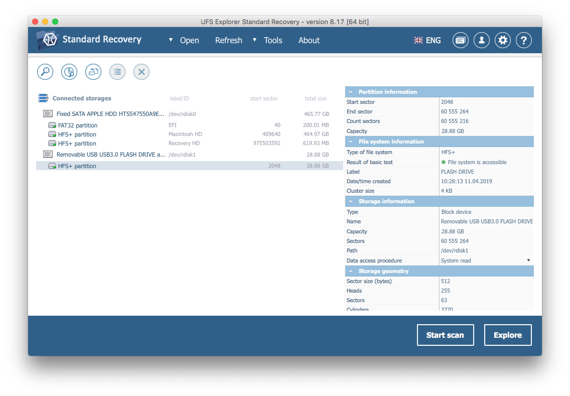opciones de inicio de escaneo en ufs explorer standard recovery